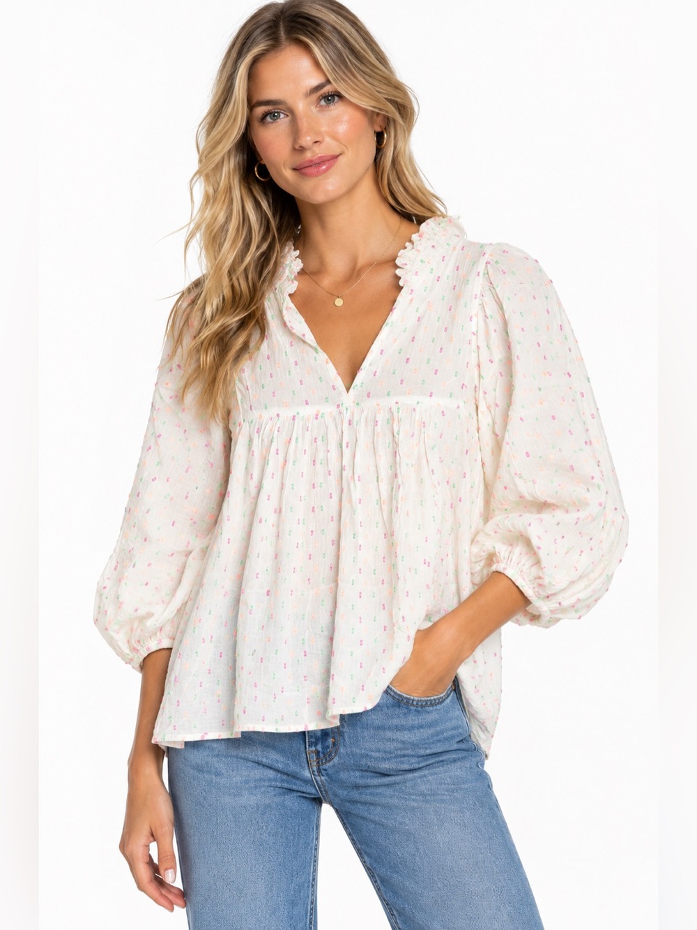 Never a Wallflower neon Swiss dot blouse small white cotton puff sleeve flowy